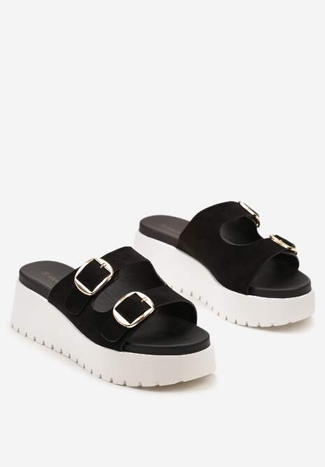 Czarne Klapki z Dwiema Sprzączkami na Koturnie i Niskiej Platformie Nrisa