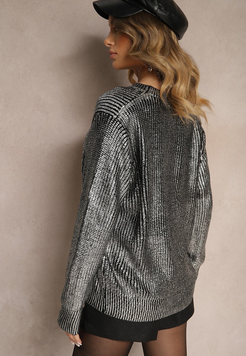 Czarno-Srebrny Sweter Ozdobiony Metaliczną Nicią i Falbanką Nevathora