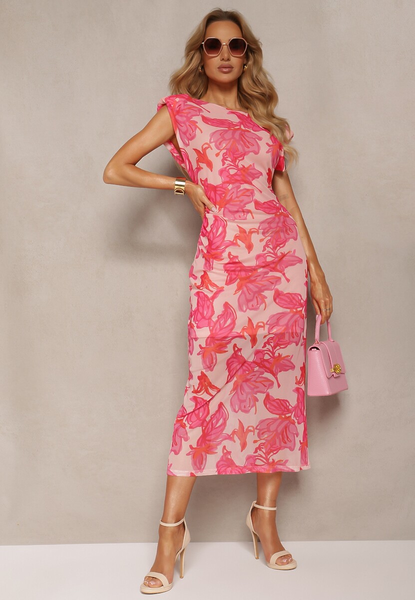 Różowa Dopasowana Sukienka z Siateczki w Kwiaty Zoneri