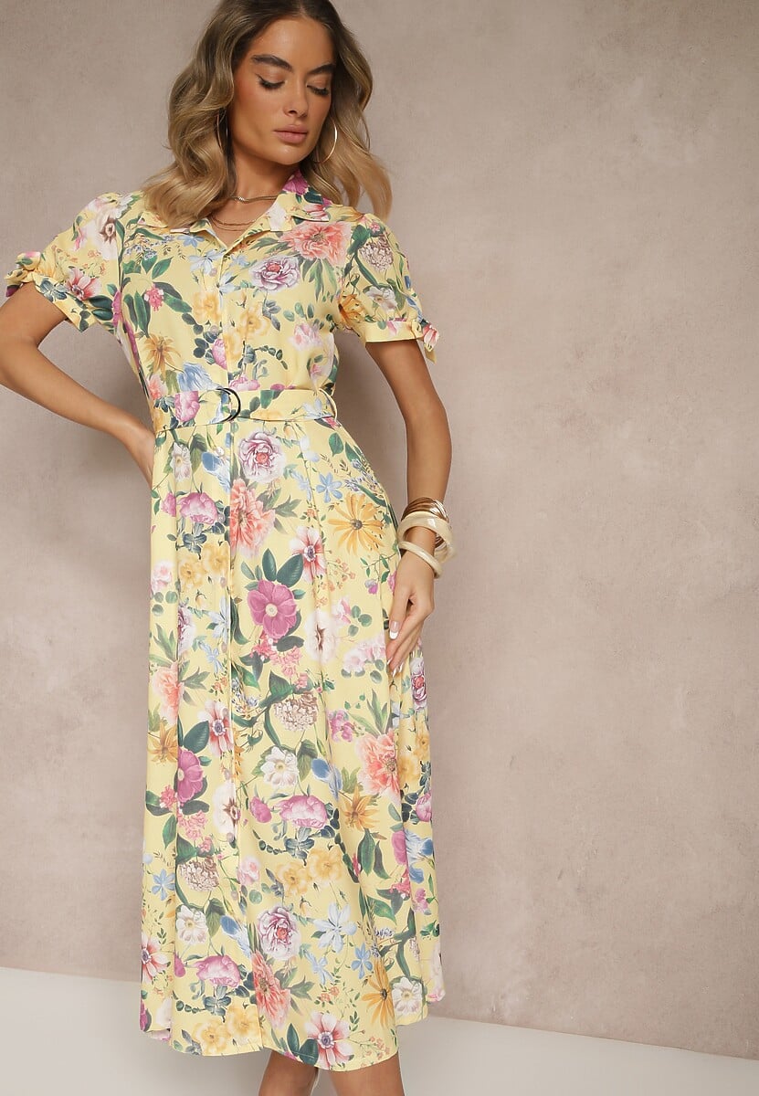 Żółta Koszulowa Sukienka w Kwiaty o Rozkloszowanym Fasonie z Paskiem Fevalirra