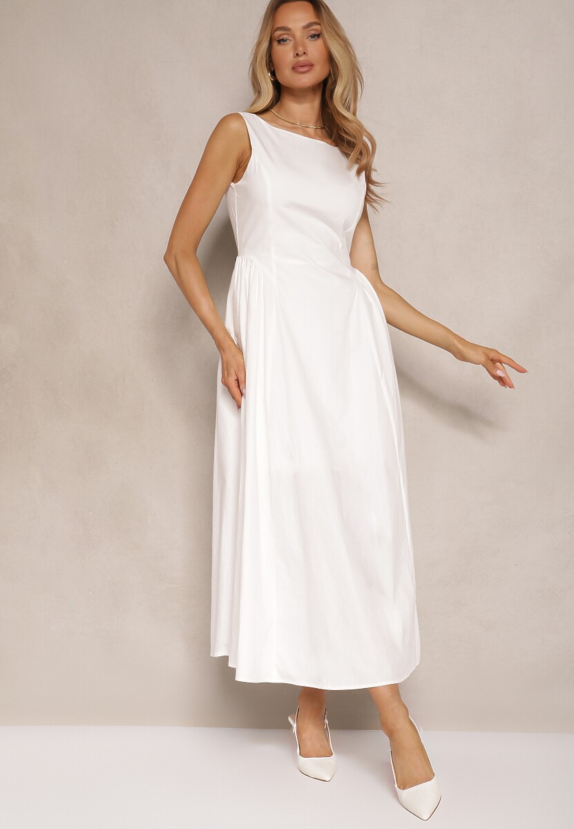 Biała Rozkloszowana Sukienka Koktajlowa z Bawełny z Dekoltem Łódką i Kieszeniami Fanilra