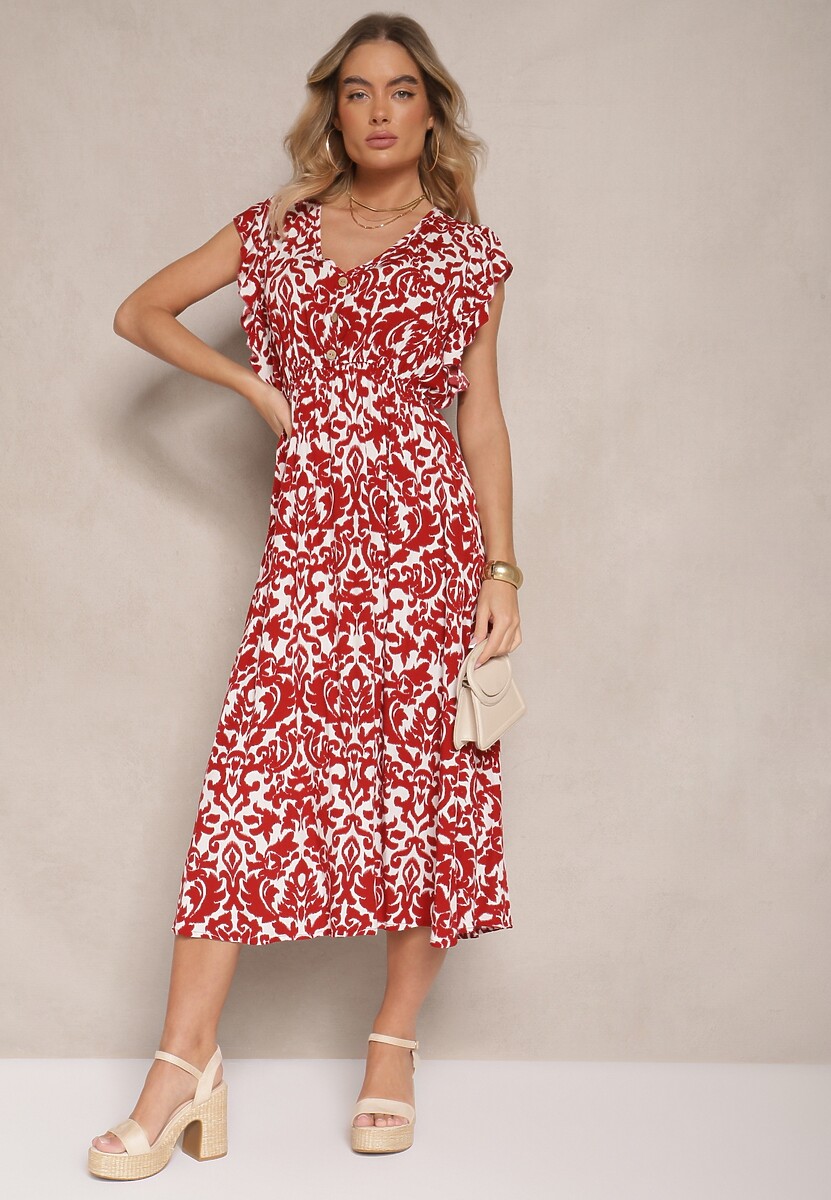 Bordowa Sukienka z Bawełny Rozkloszowana z Falbanami w Roślinny Wzór Zalimara