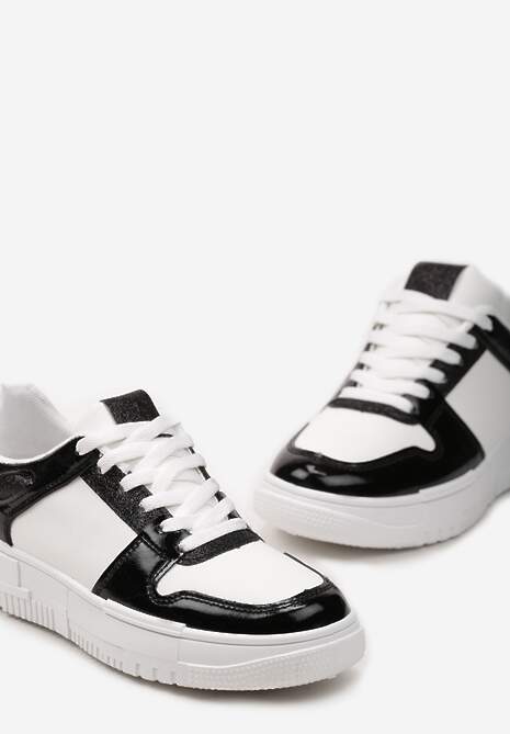 Biało-Czarne Sneakersy na Niskiej Platformie z Brokatem Nuera