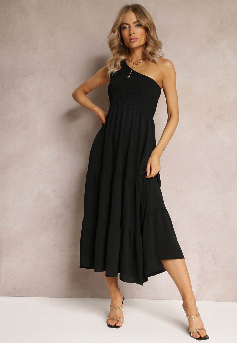 Biała Sukienka Maxi na Jedno Ramię o Rozkloszowanym Asymetrycznym Kroju z Falbanką Kalphus