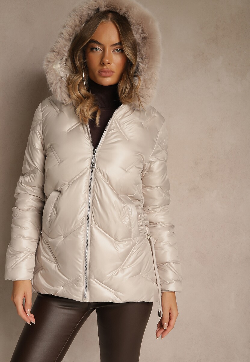 Ciemnobeżowa Kurtka z Ozdobnym Pikowaniem i Kapturem z Futrem Naliavea