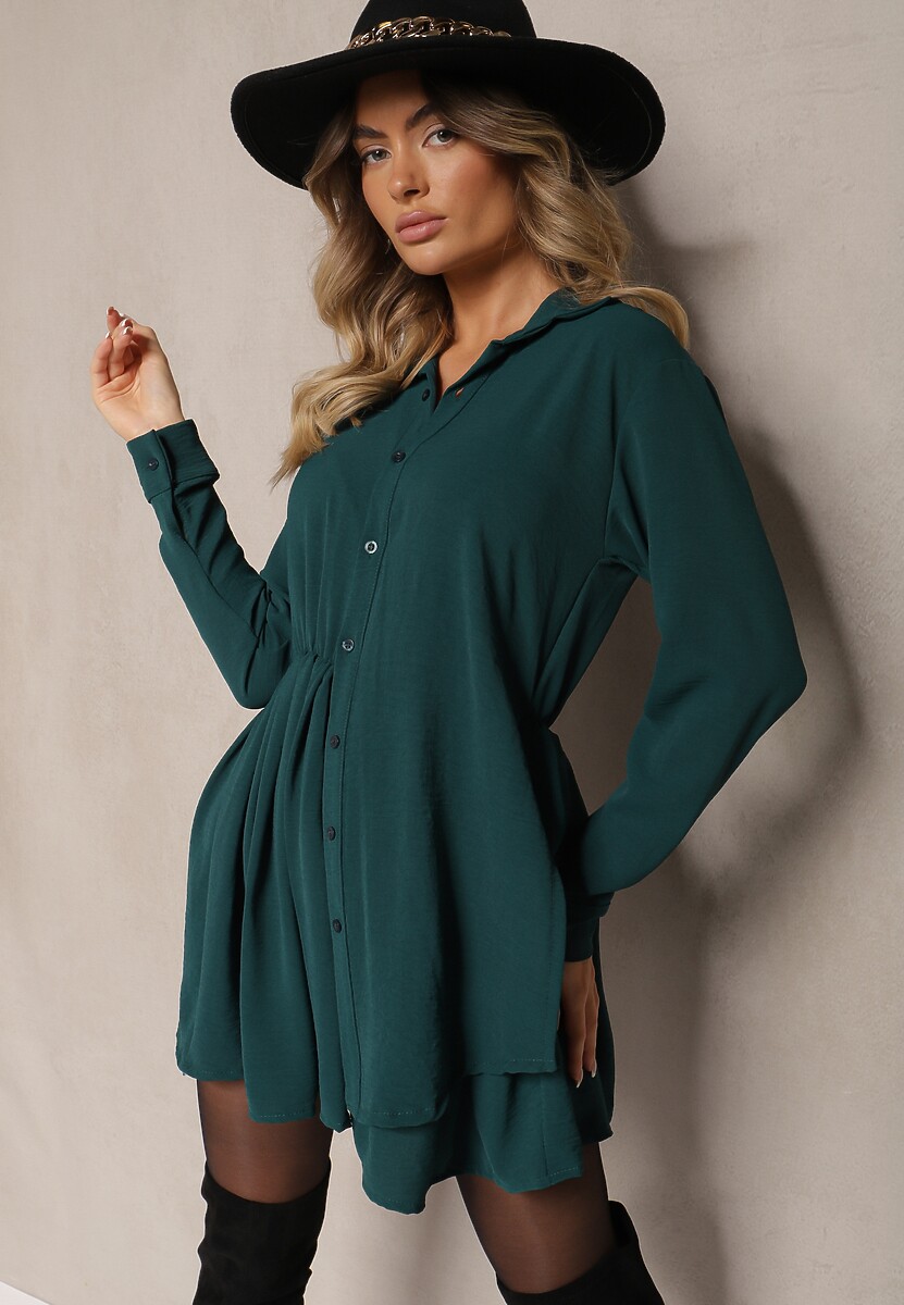 Ciemnozielona Koszulowa Sukienka o Asymetrycznym Rozkloszowanym Kroju z Gumką w Talii Eloriana
