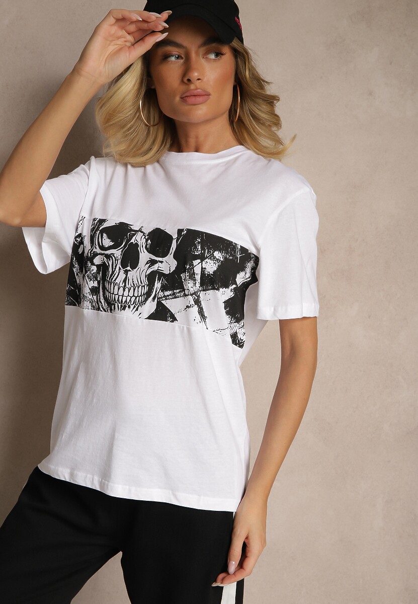 Biała Bawełniana Koszulka T-shirt z Nadrukiem Czaszki Lanavira