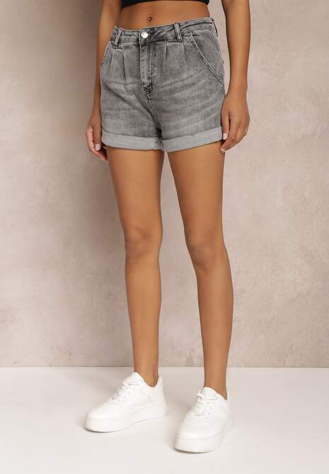 Szare Szorty z Jeansu z Modnymi Zakładkami Tenak