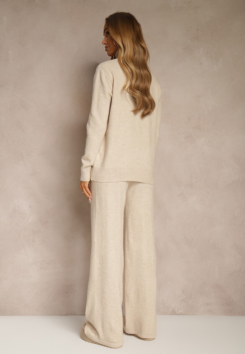 Jasnobeżowy Komplet Dzianinowy z Wełną i Bawełną Szerokie Spodnie i Golf Lennria