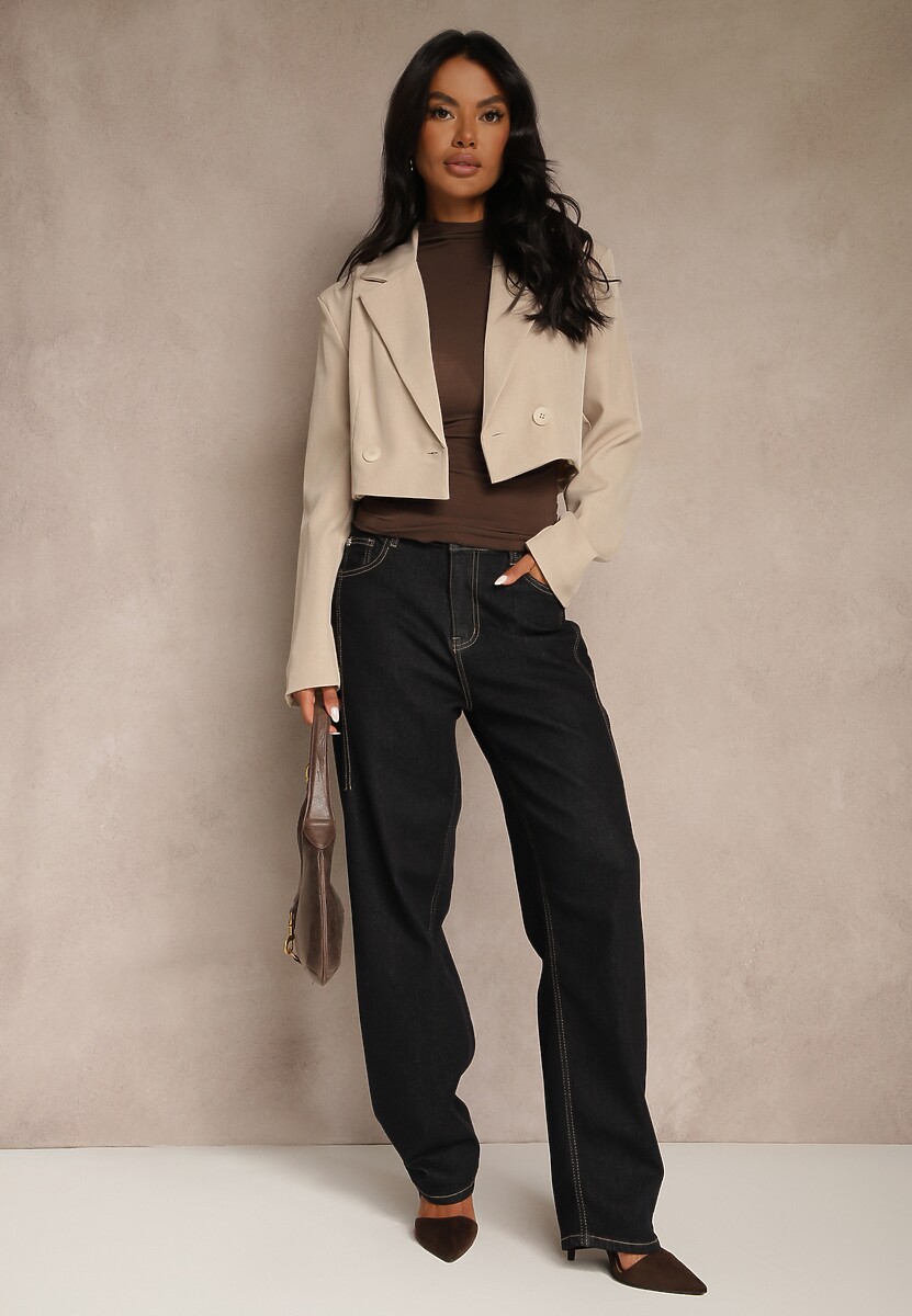 Ciemnobeżowa Dwurzędowa Marynarka o Krótkim Fasonie Redafira