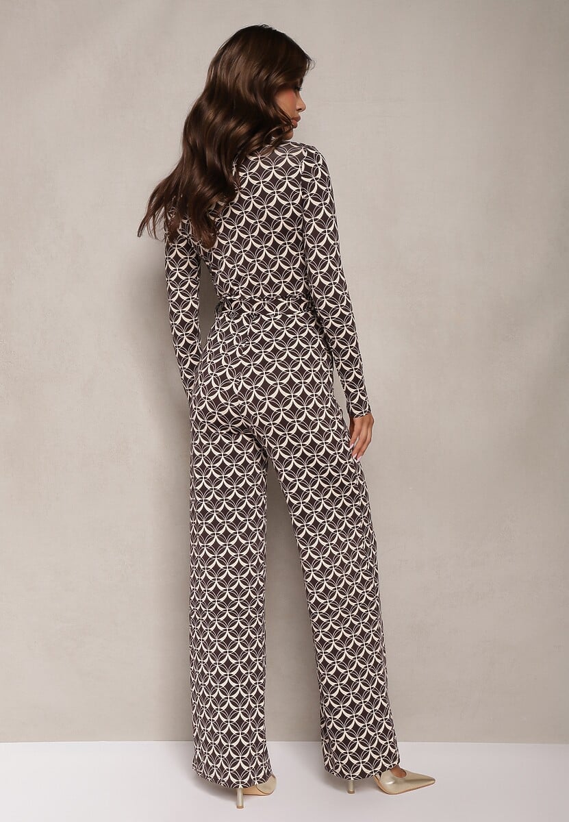 Brązowy Kombinezon z Mozaikowym Wzorem z Dekoltem w Serek i Paskiem Inafil