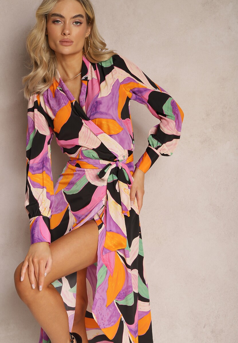 Czarno-Różowa Rozkloszowana Sukienka Midi z Kopertowym Dekoltem z Paskiem i Abstrakcyjnym Wzorem Orabella