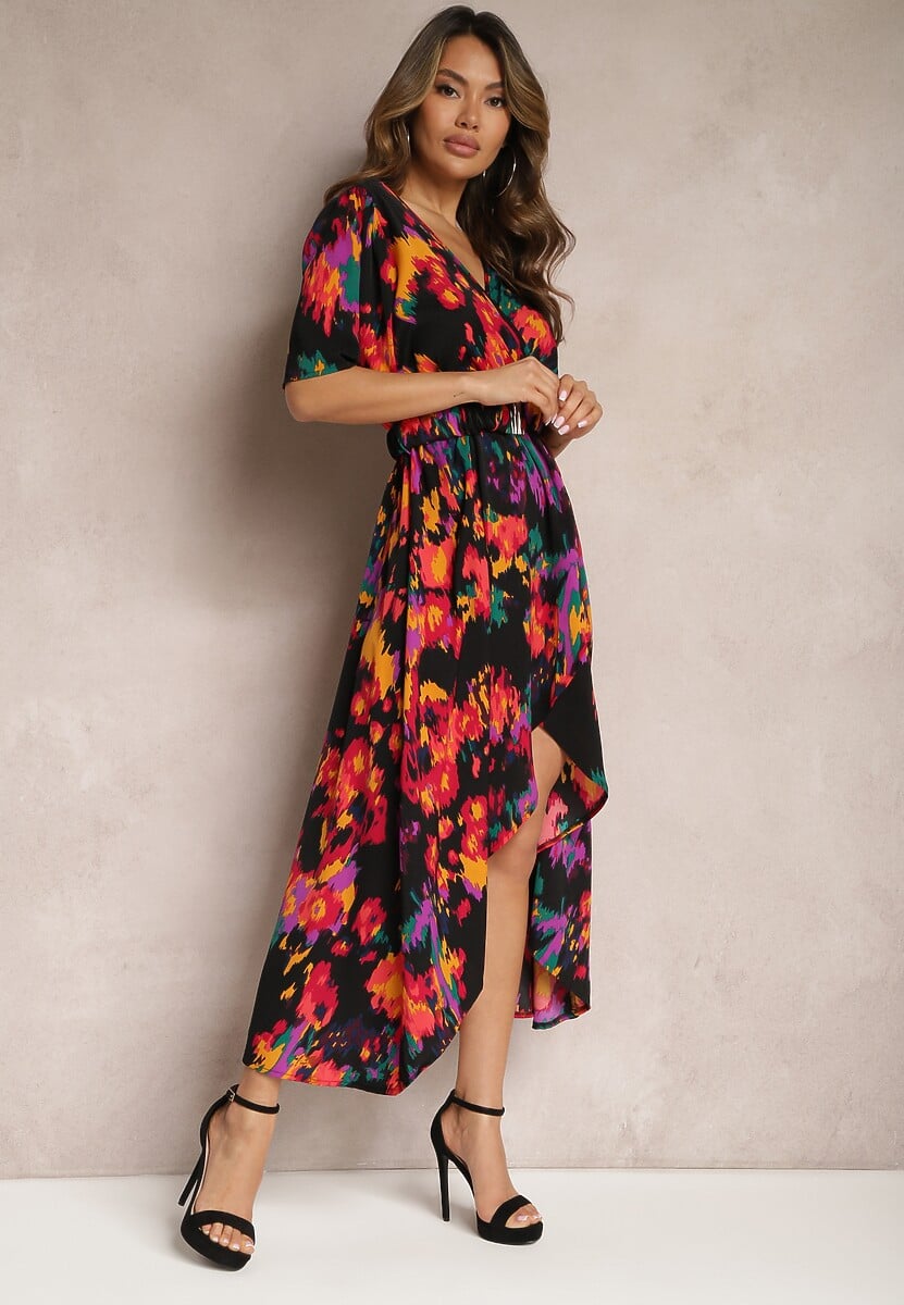 Czarno-Pomarańczowa Asymetryczna Sukienka z Gumką w Pasie i Kopertowym Dekoltem Perlana