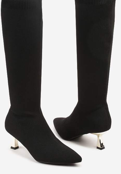 Czarno-Złote Kozaki Vices na Kaczuszce Ozdobione Skarpetową Cholewką Asonelle