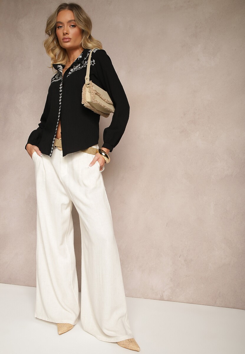 Czarna Bawełniana Koszula Boho z Haftowanym Wzorem Gonniva