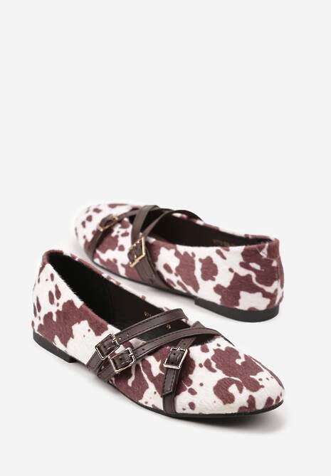Brązowo-Białe Balerinki Vices Mary Jane w Krowie Łaty z Wkładką ze Skóry Naturalnej Rilomia