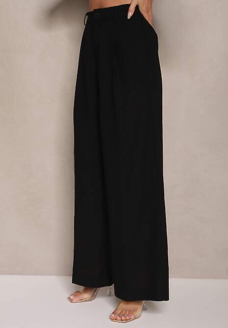 Czarny Komplet z Lnem Bluzka o Kopertowym Kroju z Wiązaniem i Szerokie Spodnie Talomia