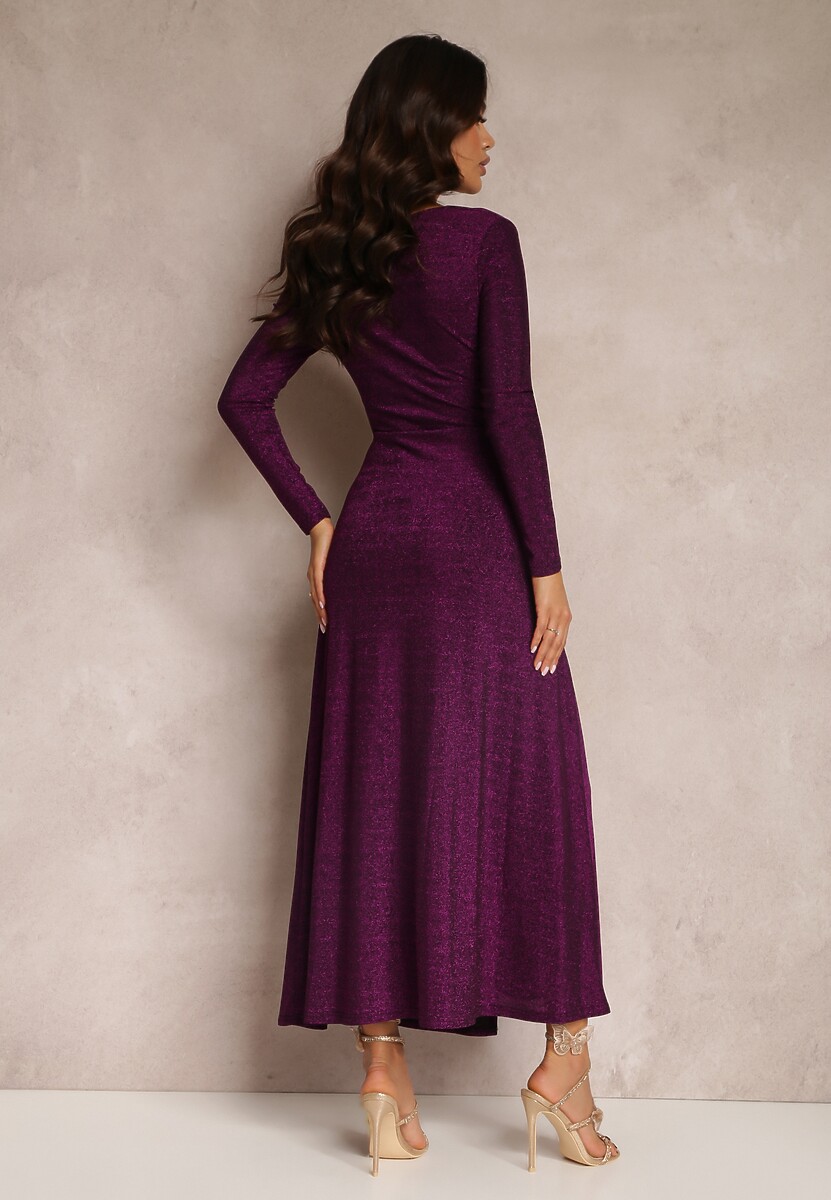 Ciemnofioletowa Sukienka z Marszczeniem przy Dekolcie Metaliczna Enemelle