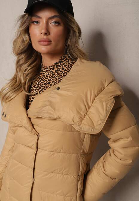 Beżowa Długa Pikowana Kurtka z Kapturem i Dodatkowym Paskiem Hanovia