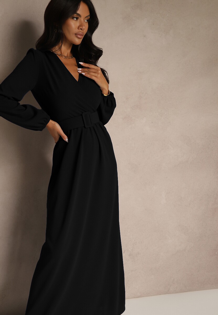 Czarna Koktajlowa Sukienka o Rozkloszowanym Kroju z Ozdobnym Paskiem Feliera