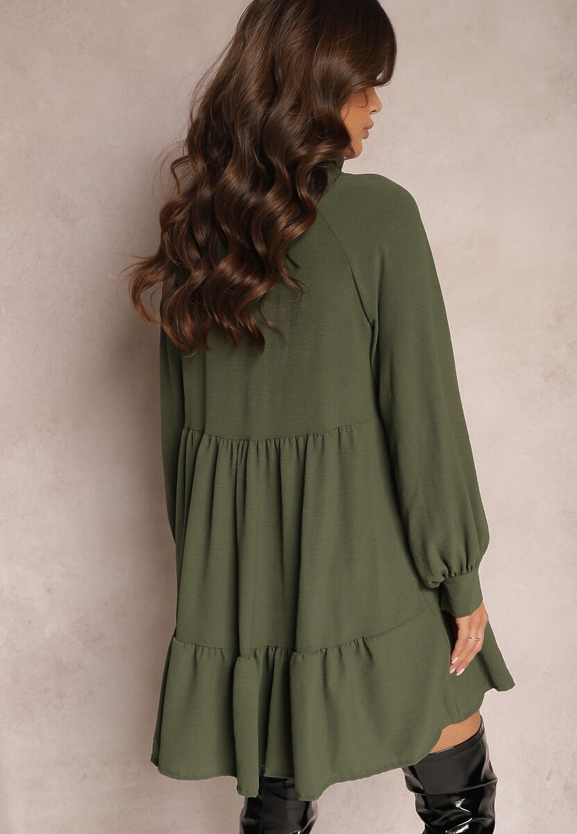 Zielona Rozkloszowana Sukienka Mini z Falbankami Atercja