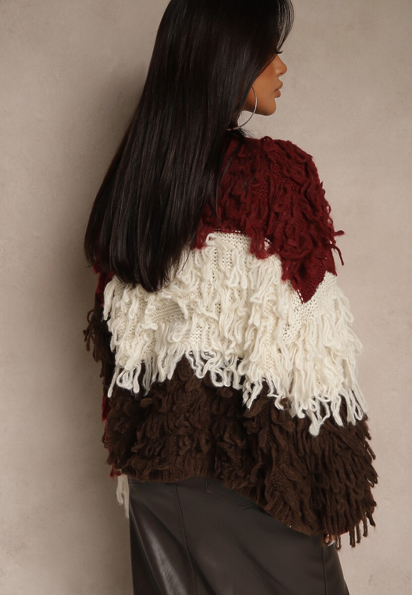 Bordowy Kardigan Bez Zapięć z Domieszką Wełny Zdobiony Imitacją Piór Lanitia