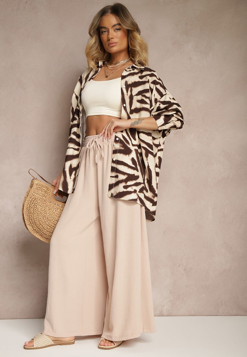 Beżowe Spodnie Palazzo o Szerokim Kroju Ozdobione Sznurkiem Ularira
