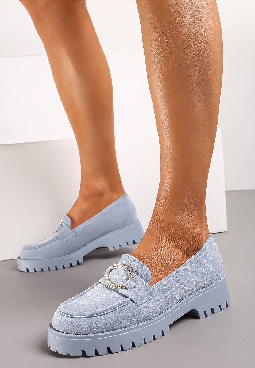 Niebieskie Mokasyny Wsuwane na Grubej Podeszwie z Metalowym Ozdobnym Kółkiem Pactina