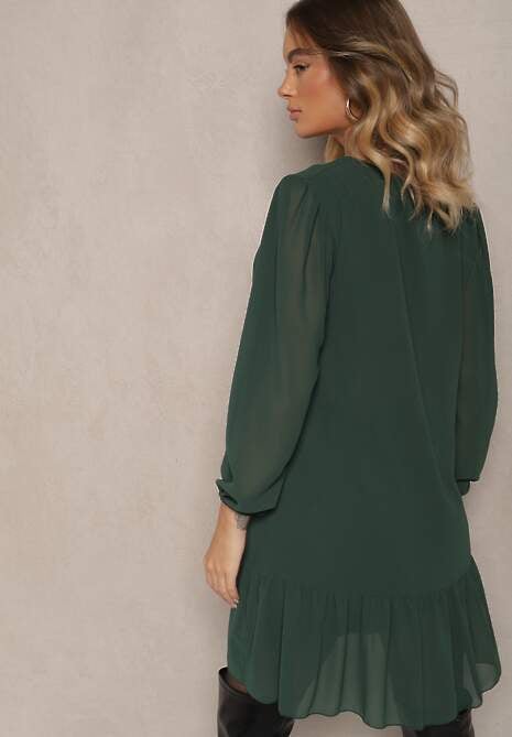 Ciemnozielona Sukienka z Wiskozą z Bufiastymi Rękawami i Falbanką u Dołu z Siateczki Ilita