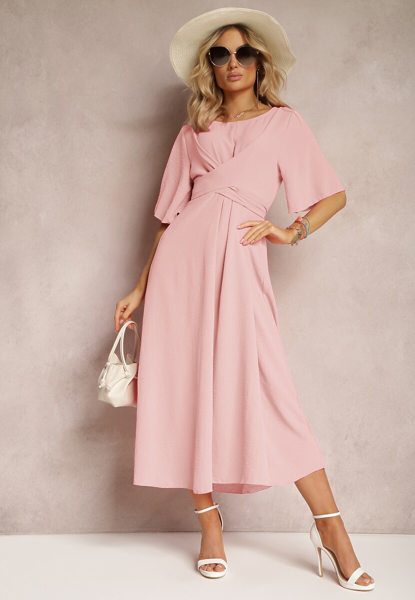 Ciemnozielona Rozkloszowana Sukienka Maxi z Szerokim Rękawem i Gumką w Pasie Sador