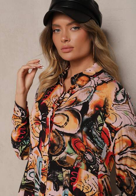 Granatowo-Pomarańczowa Wiskozowa Sukienka Koszulowa w Kwiaty z Guzikami przy Rękawach Enayira