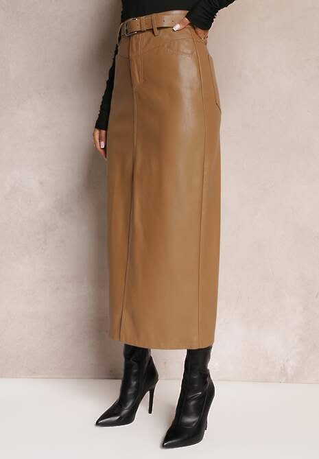 Beżowa Ołówkowa Spódnica Maxi z Ekoskóry Evell
