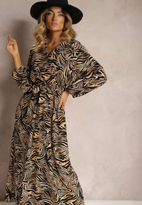 Czarno-Brązowa Kopertowa Sukienka Długa w Abstrakcyjny Wzór z Paskiem w Talii Elennora