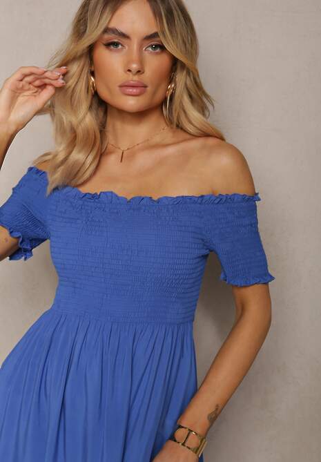 Niebieska Letnia Sukienka z Bawełny o Fasonie Hiszpanki z Rozkloszowanymi Falbanami Lorania