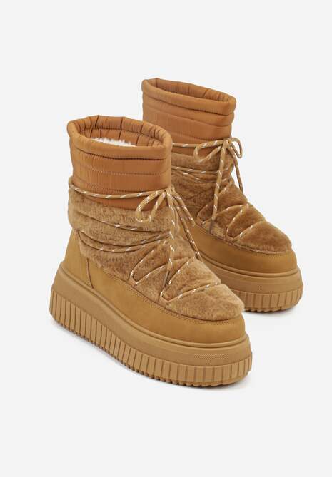 Jasnobrązowe Śniegowce na Platformie z Tłoczeniem Ozdobione Futerkiem i Pikowaniem Adallie