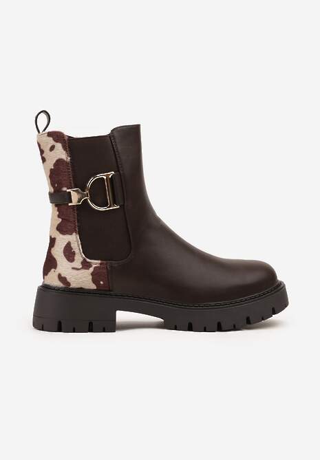 Brązowe Klasyczne Botki Sztyblety w Krowie Łaty Zdobione Metaliczną Aplikacją Laore