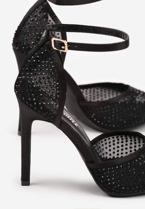 Czarne Sandały na Szpilce Siateczkowe Ozdobione Cyrkoniami Raneia