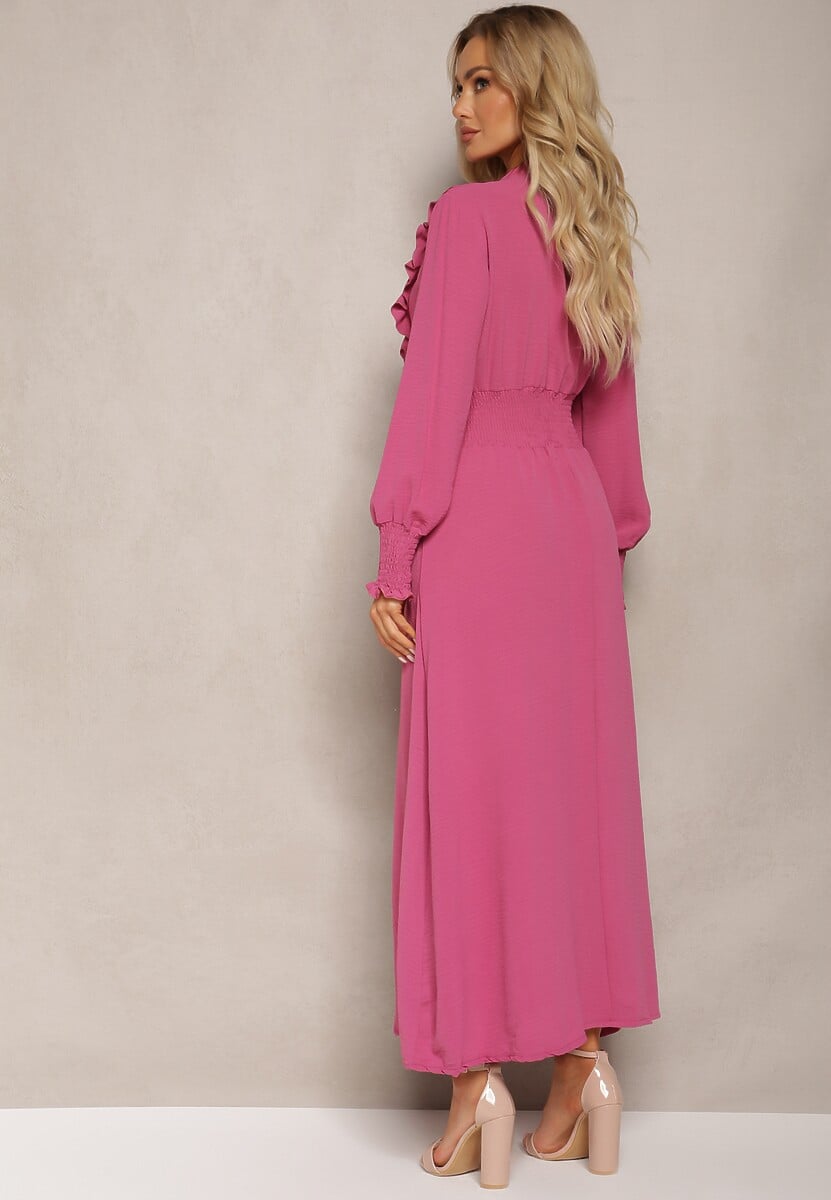 Ciemnoróżowa Maxi Sukienka Rozkloszowana z Falbankami i Wiązaniem przy Dekolcie Pallam