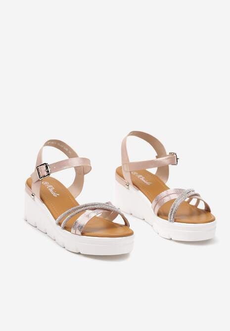 Szampańskie Sandały na Koturnie z Bieżnikiem i Paseczkami z Cyrkoniami Qrisalinn