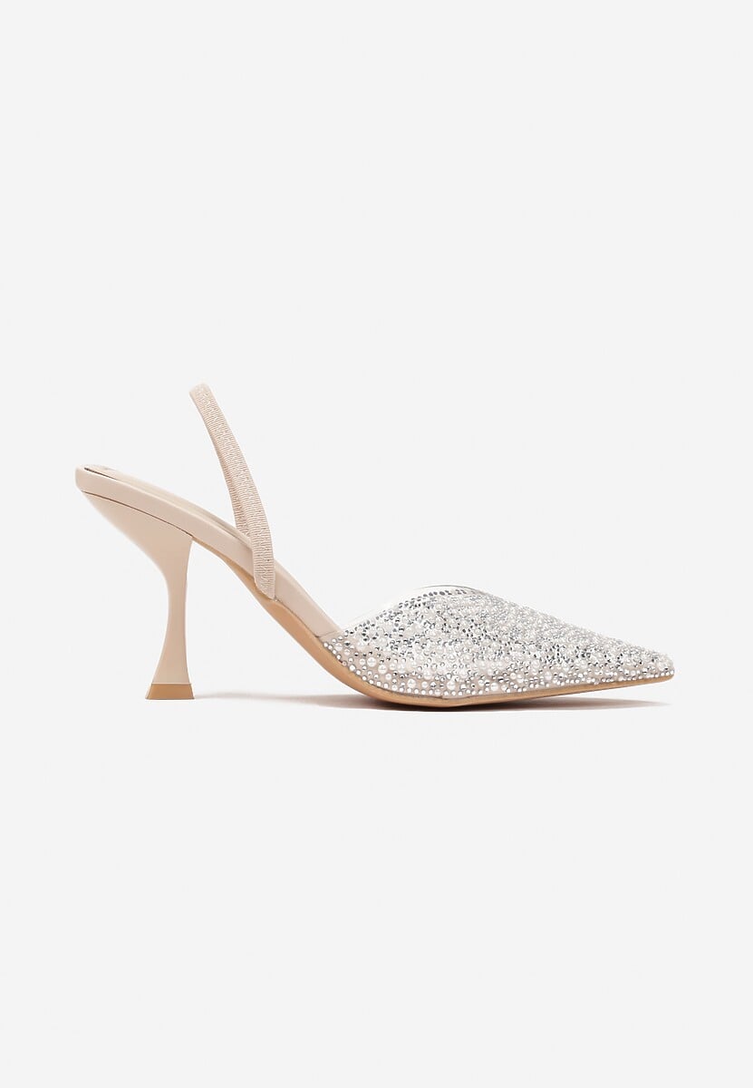 Beżowe Sandały na Szpilce z Przezroczystym Noskiem w Cekiny i Perły Niria