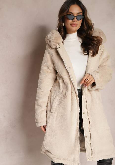 Jasnobeżowa Kurtka za Kolano ze Ściągaczem i Kapturem Elinda