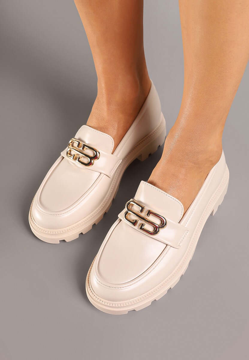 Beżowe Płaskie Mokasyny z Metaliczną Aplikacją Milidi