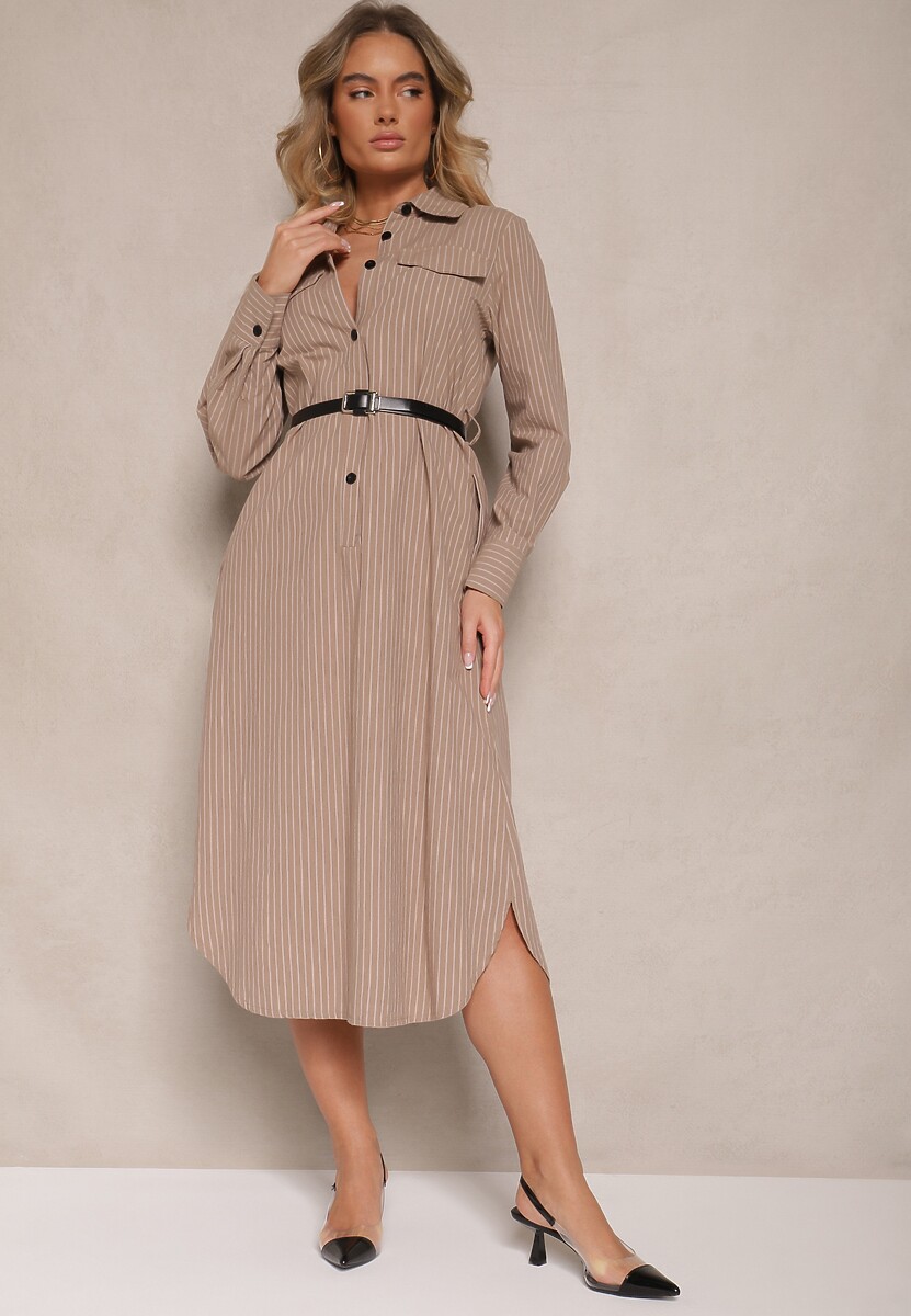 Ciemnobeżowa Sukienka Koszulowa z Guzikami Ozdobiona Imitacją Kieszeni i Paskiem Tintorella