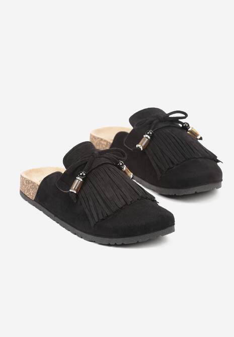Czarne Boho Klapki Mule z Imitacji Zamszu z Frędzlami i Koralikami Elwedila