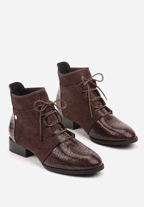 Brązowe Sznurowane Botki do Kostki Vices Zdobione Tłoczeniem Skóry Węża Wedvire