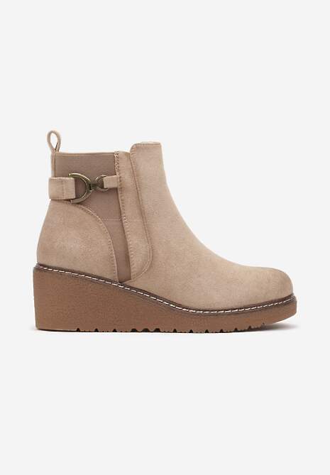 Beżowe Botki Sztyblety na Koturnie Ozdobione Metaliczną Aplikacją Savianae