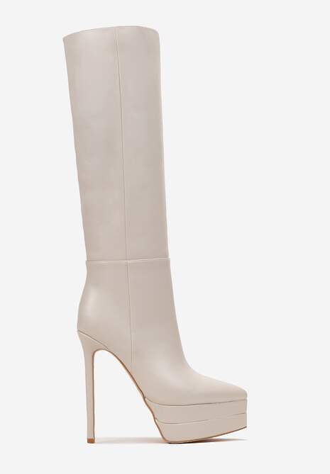 Beżowe Kozaki przed Kolano na Platformie i Szpilce Hezoppe