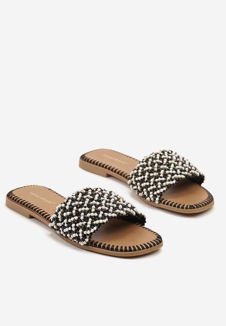 Czarne Płaskie Klapki Ozdobione Koralikami Soralia