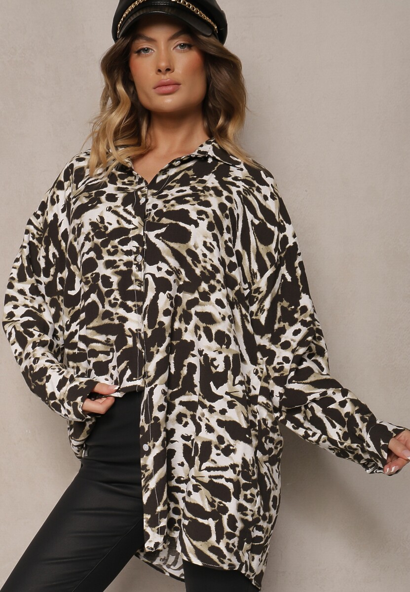 Ciemnobeżowa Koszula z Wiskozy z Lnem i Abstrakcyjnym Wzorem Emariline