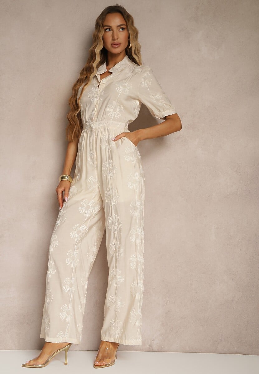 Beżowy Koszulowy Kombinezon z Wiskozy z Krótkim Rękawem i Wsuwanymi Kieszeniami Miliane